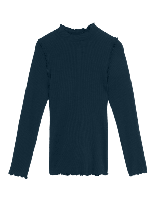 

Womens M&S Collection Cotton Modal Blend Ribbed High Neck Top - Navy, Navy