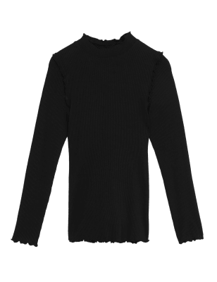 

Womens M&S Collection Geripptes Oberteil aus Baumwolle und Modal mit hohem Ausschnitt - Black, Black