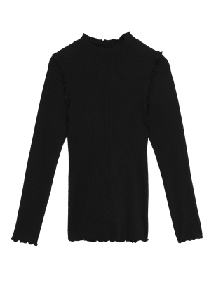 

Womens M&S Collection Cotton Modal Blend Ribbed High Neck Top - Black, Black