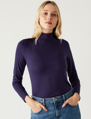 New Womens Ladies Long Sleeve Plain High Polo Roll Turtle Neck