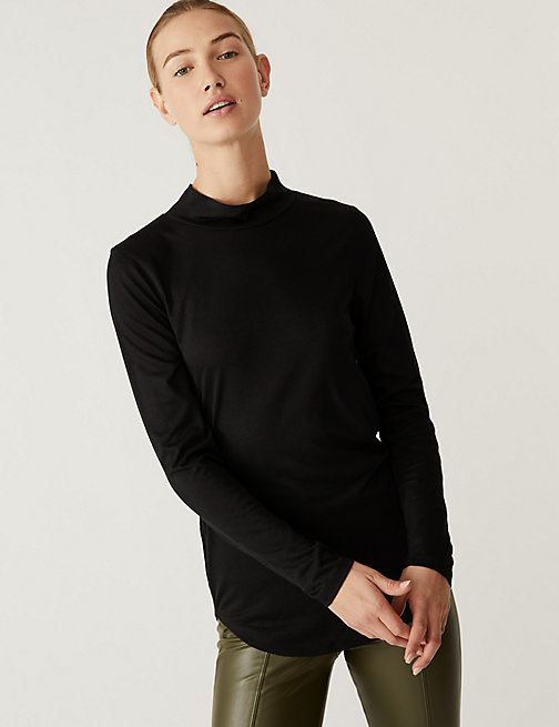 Marks And Spencer Womens M&S Collection Jersey Roll Neck Relaxed Long Sleeve Top - Black, Black