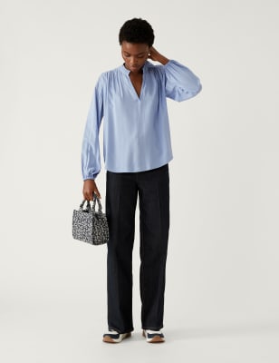

Womens M&S Collection Collarless Regular Fit Long Sleeve Blouse - Medium Blue, Medium Blue