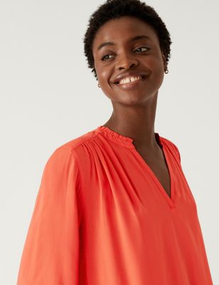 

Womens M&S Collection Collarless Regular Fit Long Sleeve Blouse - Flame, Flame