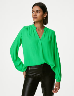 

Womens M&S Collection Collarless Regular Fit Long Sleeve Blouse - Acid Green, Acid Green