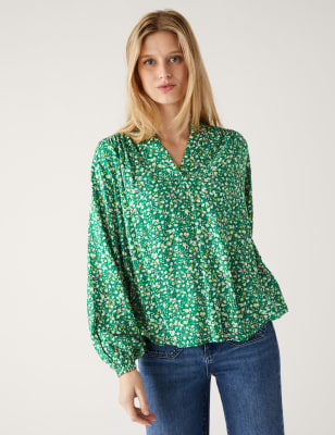 

Womens M&S Collection Printed Regular Fit Long Sleeve Blouse - Multi Green, Multi Green