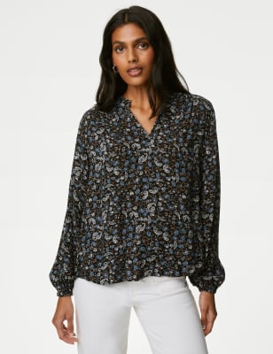 

Womens M&S Collection Printed Regular Fit Long Sleeve Blouse - Blue/Black, Blue/Black