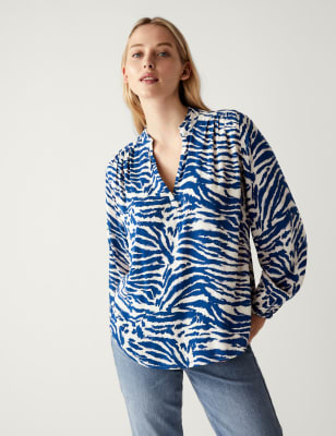 

Womens M&S Collection Gemusterte Langarmbluse mit normaler Passform - Cream Mix, Cream Mix