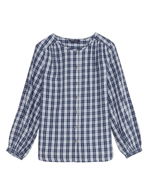 

Womens M&S Collection Normal geschnittene Bluse aus reiner Baumwolle mit Karomuster - Blue Mix, Blue Mix