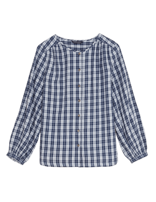 

Womens M&S Collection Pure Cotton Checked Regular Fit Blouse - Blue Mix, Blue Mix