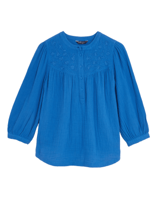 

Womens M&S Collection Double Cloth Embroidered 3/4 Sleeve Blouse - Blue, Blue