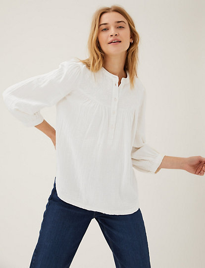 Double Cloth Embroidered 3/4 Sleeve Blouse
