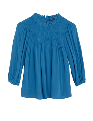 

Womens M&S Collection Smocked Neck 3/4 Sleeve Blouse - Blue, Blue