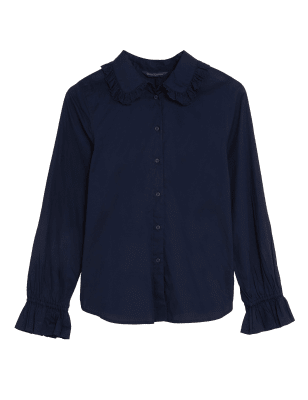 

Womens M&S Collection Normal geschnittenes Hemd aus reiner Baumwolle mit Rüschendetail - Navy, Navy