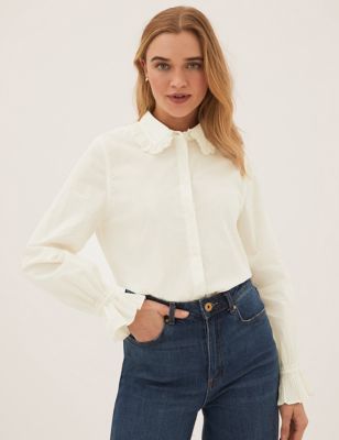 Womens M&S Collection Pure Cotton Regular Fit Frill Detail Shirt - Ivory, Ivory