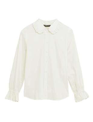 

Womens M&S Collection Pure Cotton Regular Fit Frill Detail Shirt - Ivory, Ivory