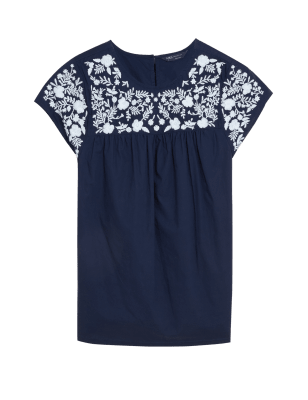 

Womens M&S Collection Normal geschnittenes Trägeroberteil aus reiner Baumwolle mit Stickerei - Navy, Navy
