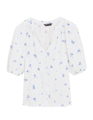 

Womens M&S Collection Pure Cotton Floral V-Neck Puff Sleeve Blouse - White Mix, White Mix