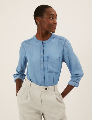Womens M&S Collection Pure Tencel™ Regular Fit Long Sleeve Shirt - Light Indigo, Light Indigo