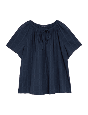 

Womens M&S Collection Pure Cotton Tie Neck Regular Fit Blouse - Navy, Navy