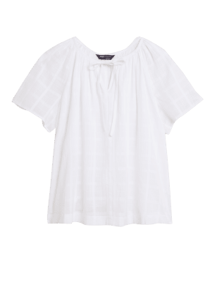 

Womens M&S Collection Pure Cotton Tie Neck Regular Fit Blouse - Soft White, Soft White