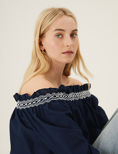 Pure Cotton Embroidered Off the Shoulder Blouse