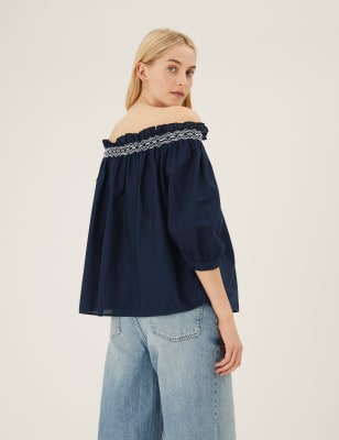 Pure Cotton Embroidered Off the Shoulder Blouse