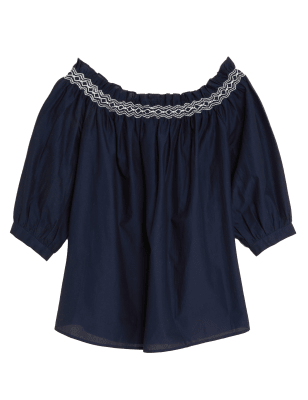 

Womens M&S Collection Pure Cotton Embroidered Off the Shoulder Blouse - Navy, Navy