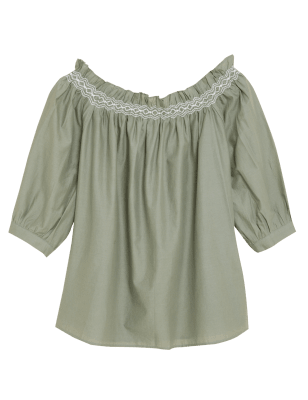 

Womens M&S Collection Schulterfreie Bluse aus reiner Baumwolle mit Stickerei - Khaki, Khaki