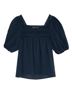 

M&S Collection Top de manga abullonada bordado 100% algodónWomens - Navy, Navy