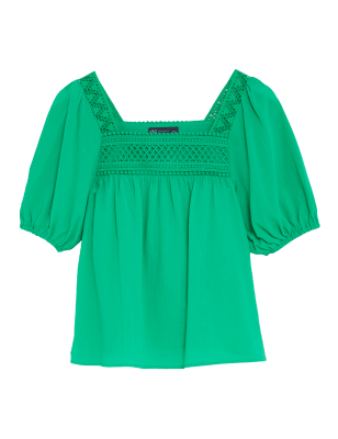 

Womens M&S Collection Pure Cotton Embroidered Puff Sleeve Top - Spearmint, Spearmint