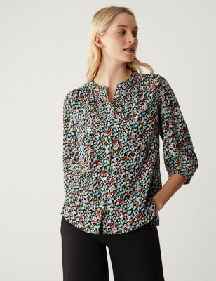 

Womens M&S Collection Geblümte Bluse mit 3/4-Ärmeln und Knopfdetail - Navy Mix, Navy Mix