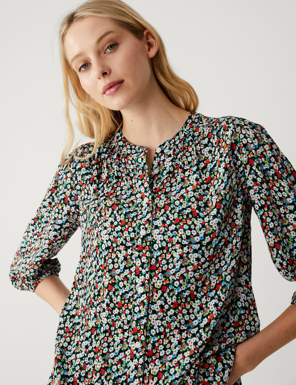 Floral Button Detail 3/4 Sleeve Blouse image 2