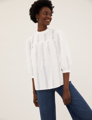 

Womens M&S Collection Pure Cotton Broderie 3/4 Sleeve Blouse - Ivory, Ivory