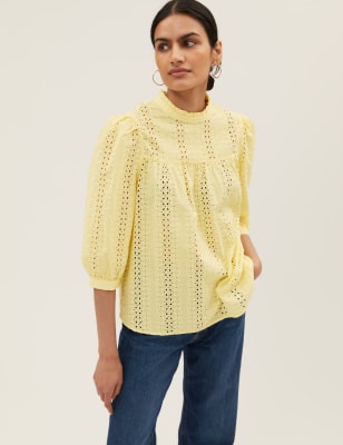 

Womens M&S Collection Pure Cotton Broderie 3/4 Sleeve Blouse - Yellow, Yellow