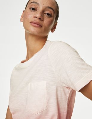 M&S Womens Pure Cotton Ombre T-Shirt - 8 - Pink Mix, Pink Mix,Yellow Mix,Blue/White