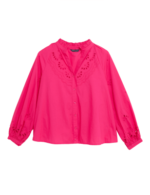 

Womens M&S Collection Pure Cotton Broderie Regular Fit Blouse - Pink, Pink