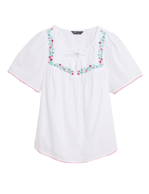 

Womens M&S Collection Pure Cotton Embroidered Regular Fit Top - Soft White, Soft White