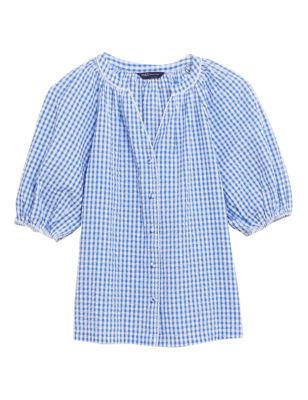 

Womens M&S Collection Pure Cotton Gingham Puff Sleeve Longline Blouse - Blue Mix, Blue Mix