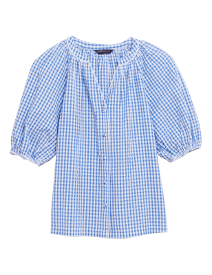 

Womens M&S Collection Pure Cotton Gingham Puff Sleeve Longline Blouse - Blue Mix, Blue Mix