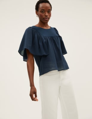 

Womens M&S Collection Pure Cotton Regular Fit Angel Sleeve Blouse - Navy, Navy