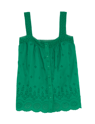 

Womens M&S Collection Pure Cotton Broderie Regular Fit Cami Top - Green, Green