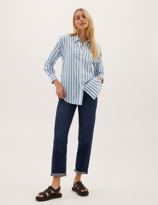 

Womens M&S Collection Pure Cotton Striped Regular Fit Shirt - Blue Mix, Blue Mix