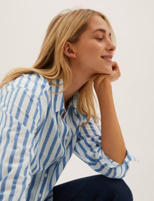 

Womens M&S Collection Pure Cotton Striped Regular Fit Shirt - Blue Mix, Blue Mix