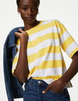 M&S Womens Pure Cotton Striped T-Shirt - 12 - Yellow Mix, Yellow Mix