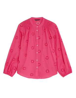 

Womens M&S Collection Langarmbluse aus reiner Baumwolle mit Lochstickerei - Bright Pink, Bright Pink