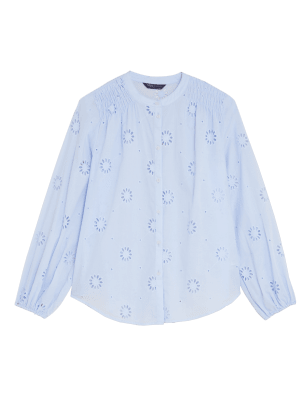 

Womens M&S Collection Pure Cotton Broderie Long Sleeve Blouse - Pale Blue, Pale Blue