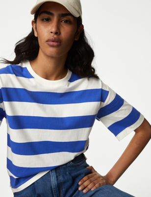 

Womens M&S Collection Pure Cotton Striped Boxy T-Shirt - Blue Mix, Blue Mix