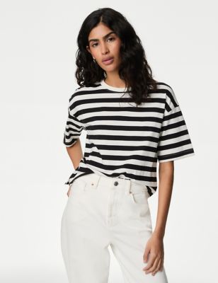 M&S Women's Pure Cotton Striped Boxy T-Shirt - 16 - White Mix, White Mix,Brown Mix