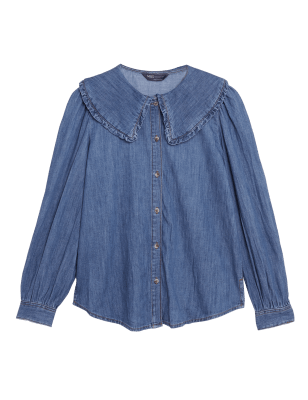 

Womens M&S Collection Normal geschnittene Denimbluse mit Kragen in Übergröße - Medium Indigo, Medium Indigo