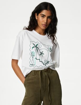 

Womens M&S Collection Pure Cotton Printed Oversized T-Shirt - White/Green, White/Green